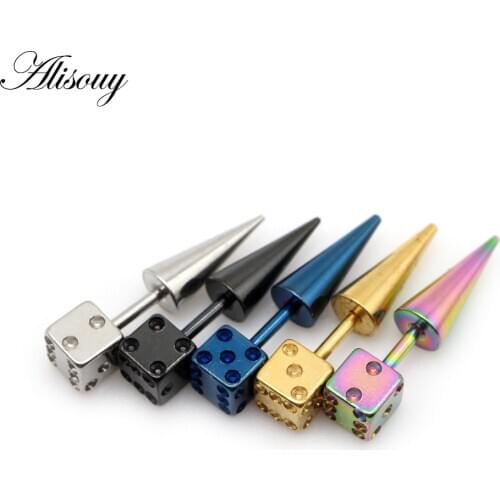 Alisouy 2pcs Fashion Punk Gothic Dice Spike Cone Square Stainless Steel Ear Stud Earrings Male Men women Piercing Jewelry Gift
