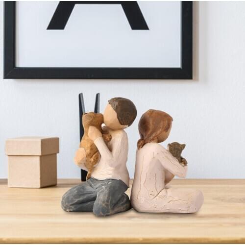 2pcs 8cm Synthetic Resin Handicrafts Carved Girl Boy Pet Sculpture Statue Man and woman love Static Decor Sculpture
