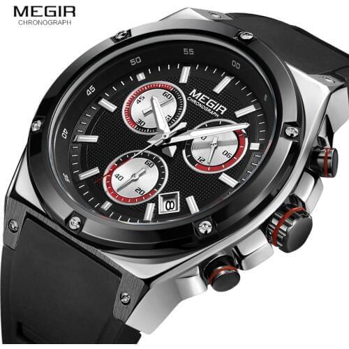 MEGIR Sports Chronograph Quartz Wrist Watches for Men Silicone Waterproof Clock Relojios Luminous Relojes Montres 2073GS-BK-1