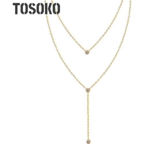TOSOKO Stainless Steel Jewelry Tassel Zircon Double Layered Necklace For Womens Hip Hop Clavicle Chain BSP883