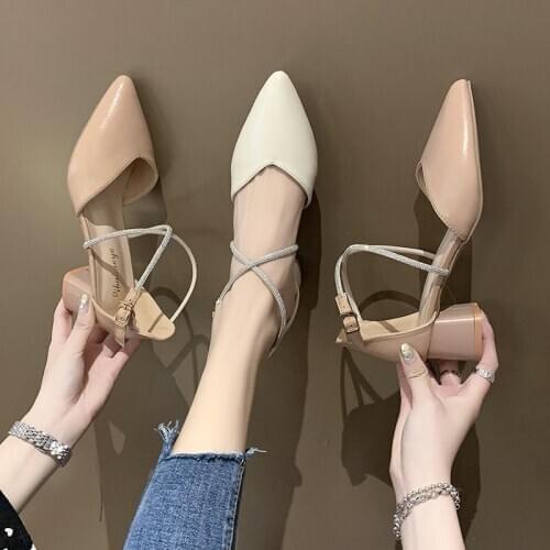 High heels, thick heels, new single shoes, buckle with rhinestones, fairy style toe sandals, womens shoes X720