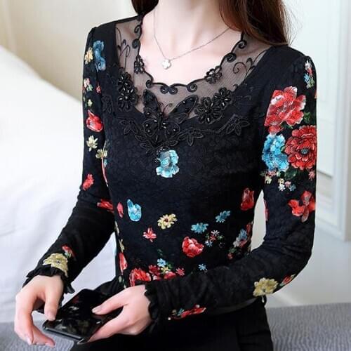 M-4XL 2020 new fashion long sleeve lace printed women blouses shirt Slim o-neck bottoming women shirt top