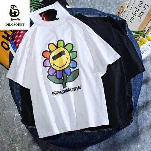 GSODET Summer T-Shirt Couple Cotton Anime Sunflower Loose Falling Shoulder Edition Ovresize Mens and Womens Tops