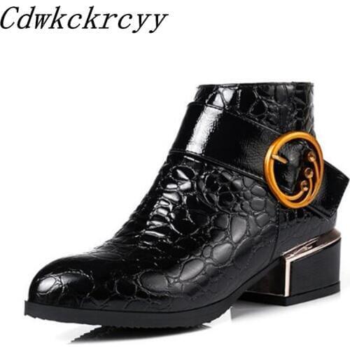 Women Boots Autumn winter New style fashion Sharp head Patent leather Belt buckle Martin boots Cashmere Keep warm Winter boots