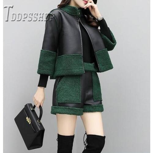 2019 Winter Thick Pu Leather Women Sets Fashion Coat And Shorts Female Sets