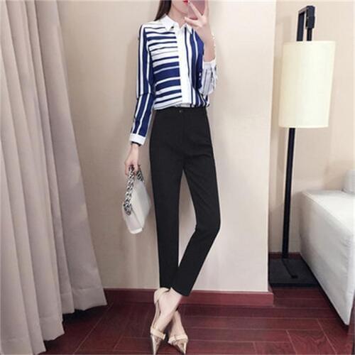 Fashion stripe suit female Autumn New high-end self-cultivation temperament fashion striped shirt + pants two-piece Suits women