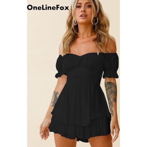 OneLineFox Black Elegant Sexy Party Summer Women Playsuit Off Shoulder Backless Short Romper Jumpsuit Strapless Solid Vestido