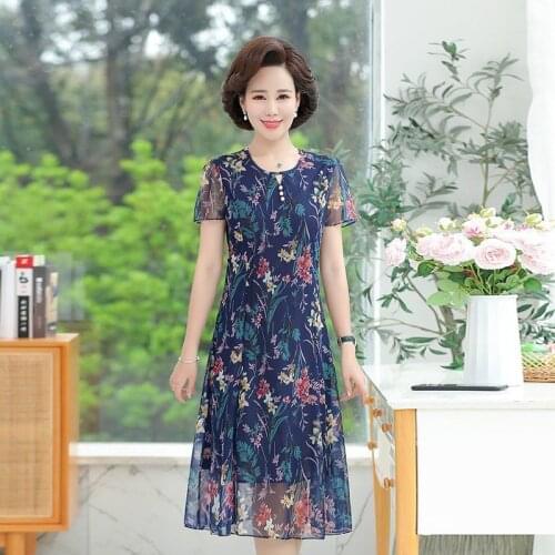 Women 2021 Summer Fashion Middle-aged Printed Dress Female New Short Sleeve Loose Vestidos Ladies O-neck Thin A-line Dresses W49