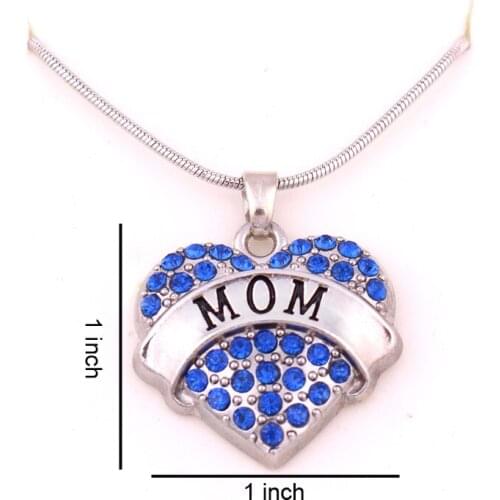 1 inch*1 inch fashion 30pcs a lot rhodium plated hearts MOM with blue crystal heart pendant necklace
