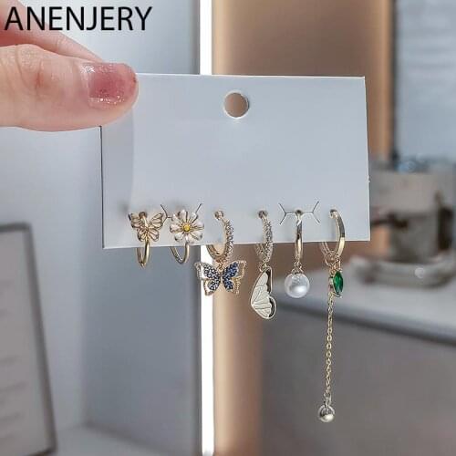 ANENJERY 6 pieces/set 925 Sterling Silver Zircon Butterfly Flower Tassel Hoop Earrings Set Shiny Luxury Earrings Wholesale