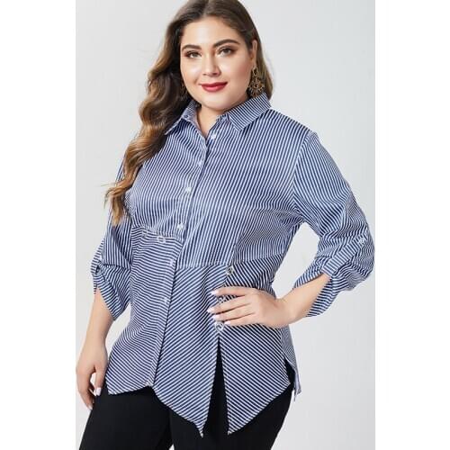 2020 Autumn Womens Plus Size Long sleeve Irregularblouses fashion ladies Vintage elegant mom Plus Size stripe Tops