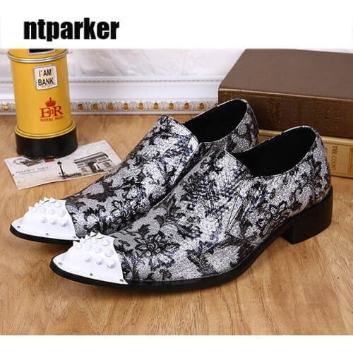 Ntparker Man Leather Dress Shoes White big Rivets Metal Toe Rock Fashion Party Wedding T-Show Shoes Casual Shoes Man,US6-US12