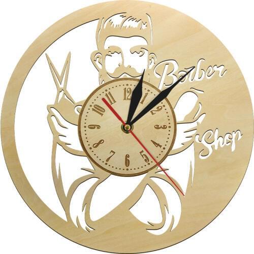 Vintage Rustic Wooden Decora Round Barber Shop Wall Clock Eco Friendly Natural Wall Art Quiet Sweep Hair Salon Art Clock Watch