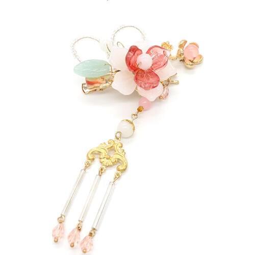 Ethnic Crystal Pink Floral Hair Clip With Long Tassel Barrettes Chinese Style Headpiece Jewelry Hairpin Ethnic Women Accessories