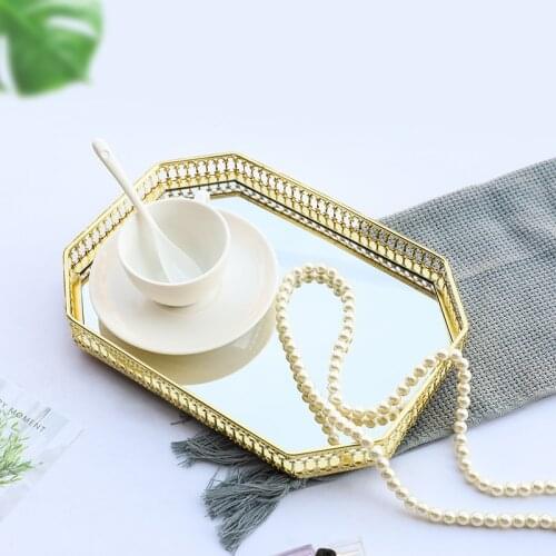 European Mirror Glass Metal Storage Tray Gold Fruit Plate Desktop Small Items Jewelry Display Tray Plate Candy Decor Tray