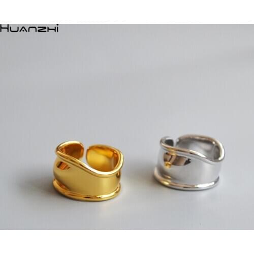 HUANZHI 2020 New Korean Simple Irregular Wave Glossy Wide Gold Silver Color Metal Open Adjustable Rings for Women Men Jewelry