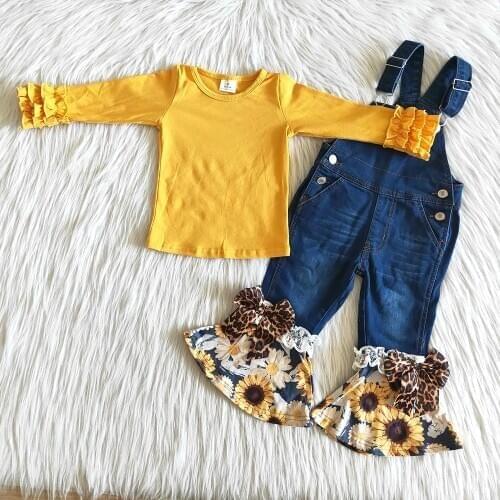 Wholesale Fashion Children Outfits Girl Yellowe Shirt Match Denim Overalls 2Pieces Set Toddlers Sunflowers Jumpsuits