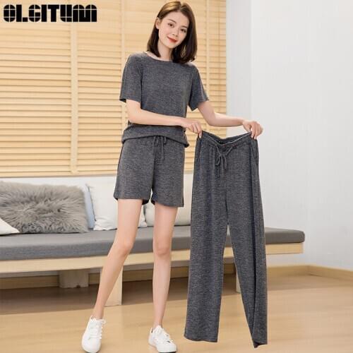 2020 Lazy Three-Piece Set Two-Piece Firy House Girlfriends Suit Home Comfortable Short-Sleeved Cotton Casual Wild Lazy Suit