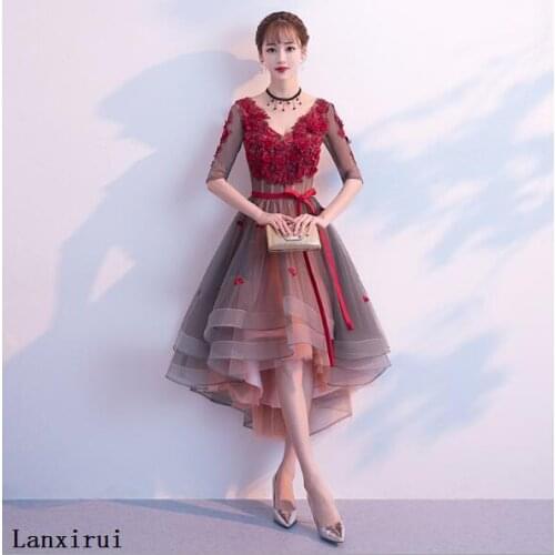 Lanxirui Flower Prom lace Dresses Burgundy Color V-Neck Elegant Pear Short Front Long Back High Low Party Dress