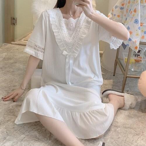Sweet Lace Night Dress Women Summer Cotton Sleepwear Princess Kawaii Nightgown Vintage Victorian Ladies Peignoir Girl Loungewear