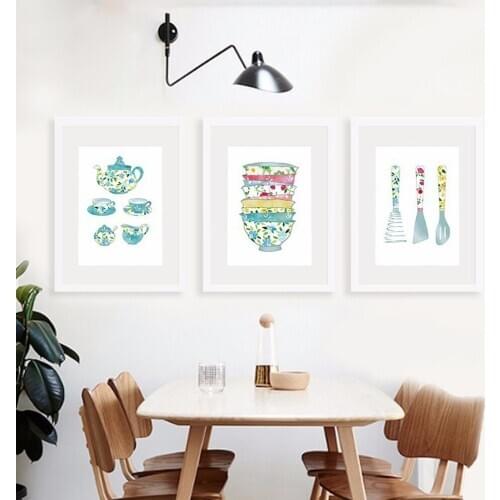 Nordic Small Fresh Watercolor Style Tableware Canvas Painting Modern Restaurant Hotel Entrance Wall Art Pictures for Room Decor