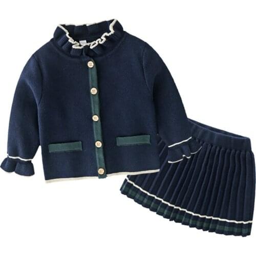New kids girls winter clothes Long sleeve Round neck cotton knitted cardigan Sweater coat and pleated stripes Half skirt set