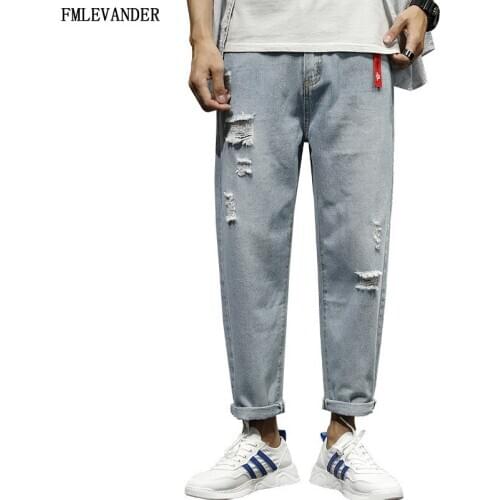 New Korea Fashion Young Solid Color Ripped Jeans Homme Hip Hop Pants Men Jeans