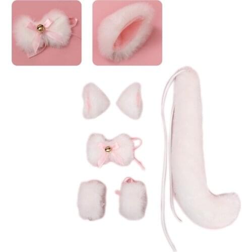 K3NF Handmade Cat Ears Hairpin Hair Hoop Plush Collar Tail Set Sweet Kawaii Bowknot Bells Gothic Cosplay Halloween Dress up