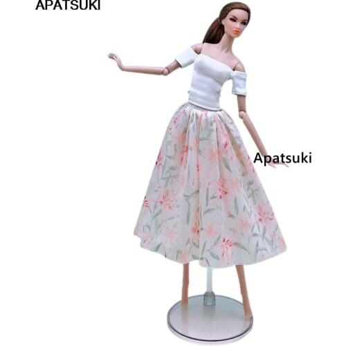 White Pink Floral Clothes For Barbie Doll Dress Set Outfits Party Gown White Base Shirt & Skirt 1/6 Dolls Accessories Kid Toys