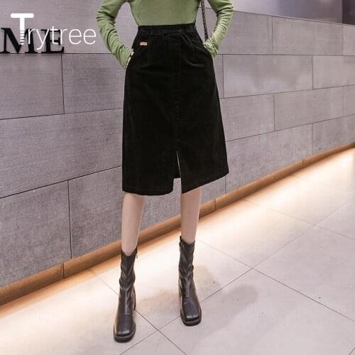 Trytree 2020 Autumn Winter Casual Woman Skirt Corduroy Elastic Waist Pockets Split Hem Knee-Length Thick Solid Office Lady Skirt