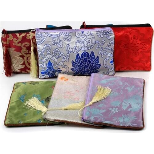 Rectangle Tassel Chinese Silk Pouch Zip Bag Christmas Wedding Party Favor Bags Brocade Gift Jewelry Packaging Bags 10pcs/lot