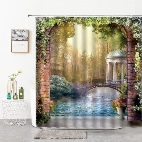 Hand-Painted Oil Paint Idyllic Scenery Shower Curtain Small Bridge And Flowing Water European-Style White Pavilion Bath Curtains
