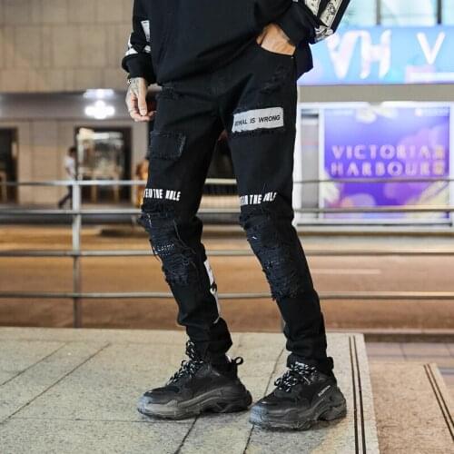 Hole Ankle Zipper Ripped Jeans for Men Straight Vaqueros Hombre Black Jeans Casual Slim Denim Trousers Male Pencil Pants