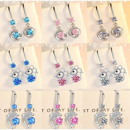 Romantic Blue Crystal Drop Earrings Zircon Stone Simple Hook Dangle Earrings Jewelry for Women Lucky Clover Animal Design