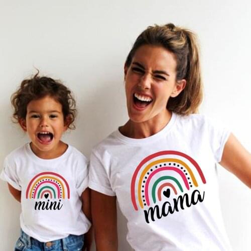 Funny Rainbow T-shirts Matching Mother Daughter Clothes Summer Family Matching Outfits Short Sleeve Family Look Girls Cotton Top