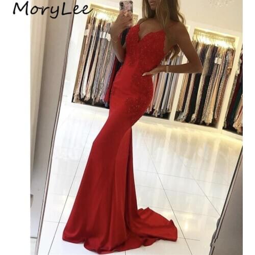 Spaghetti Evening Dresses 2020 V-Neck Floor Length Lace Applique Backless Mermaid Evening Dresses vestidos de fiesta de noche