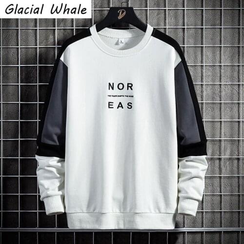 GlacialWhale Crewneck Sweatshirt Men Patchwork Casual Spring Japanese Streetwear Harajuku Oversized White Hoodie Men Sweatshirts
