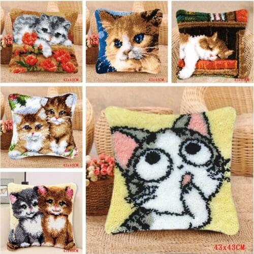 Three Cats Latch Hook Pillow Smyrna For Flowers Carpet Embroidery Cushion Button Package Latch Hook Kits Do-It-Yourself Carpets