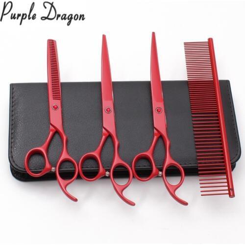 Z3103 U4Pcs Suit 7" Purple Dragon Clipper For Dog Comb+Cutting+Thinning+UP Curved Shears Professional Pets Scissors Styling Tool