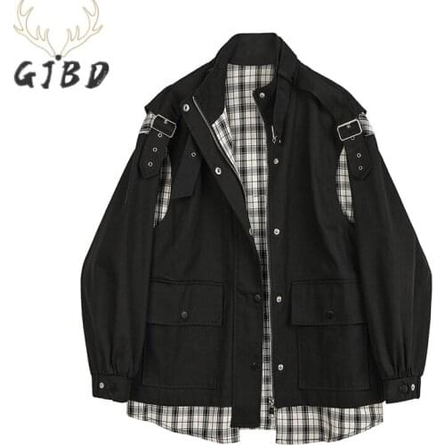 Plaid Patchwork Vintage Long Sleeves Jean Jacket Women Clothes Oversized Jean Jacket Denim Coat Fashion Baggy Coat 2021 Autumn