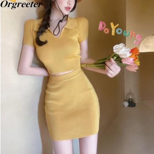 Womens Polo Collar Solid Knitted Tshirt High waist Skirts Two piece set Women Sexy Tight package hip Mini Skirt Knitwear Sets
