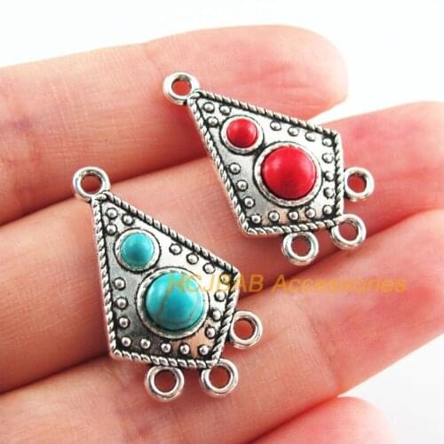 12Pcs Retro Tibetan Silver Tone Flower Shield Blue&Red Stone Charms Connectors 17x29.5mm