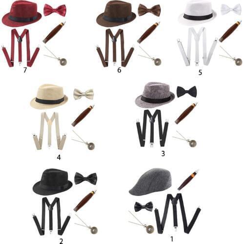 1920s Mens Cosplay Gangster Costume Accessories Set Manhattan Hat Suspenders Pre-Tied Bow Tie Fake Plastic Cigar Pocket Watch