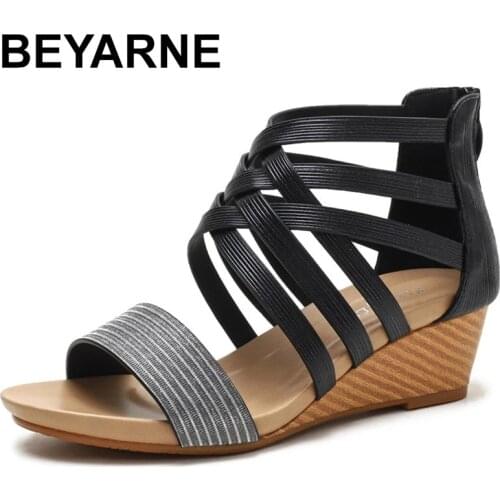 BEYARNE 2021New sandals women zip high heels shoes casual wedges shoes comfortable summer female shoes gladiator sandals