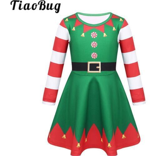 Kids Girls Long Sleeves Striped Digital Printed Pull-On A-Line Christmas Dress Xmas Fairy Costume for Carnival Holiday Party