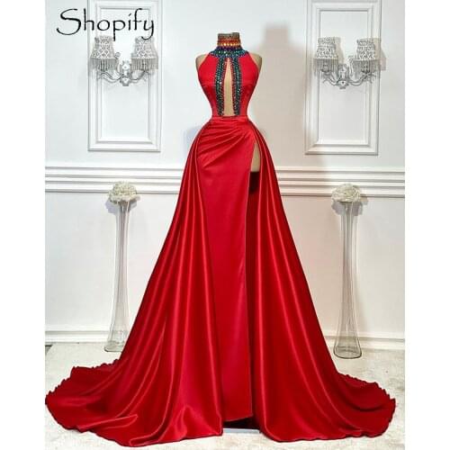 Real Sample Long Evening Dresses 2021 Elegant High Slit Crystals Red Satin African Women Formal Evening Party Gowns