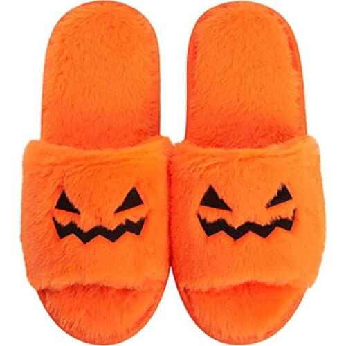 Indoor Slippers Halloween Pumpkin Slippers With Funny Face Memory Foam Non-Slip Shoes Yellow Women Household Slippers