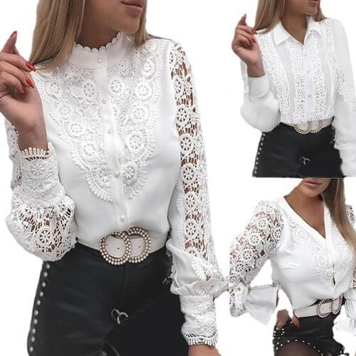 Summer T-shirt Women Formal Shirt Long Sleeve Hollow Out Top Women Single-breasted Lace Commuting Style Patchwork T-shirt 2021