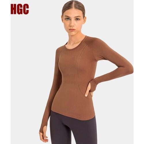 HGC Yoga Blouse Long Sleeve Sports Top Women Push-up High Elastic Round Neck Running Slim Sexy Breathable Gym Fitness T-shirt