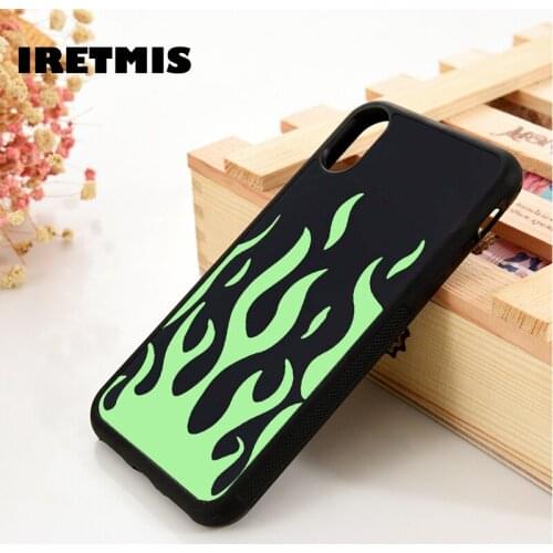 Iretmis 5 5S SE 2020 6 6S Silicone Rubber Phone Case Cover for iPhone 7 8 Plus X Xs 11 12 MINI Pro Max XR Green And Black Flame